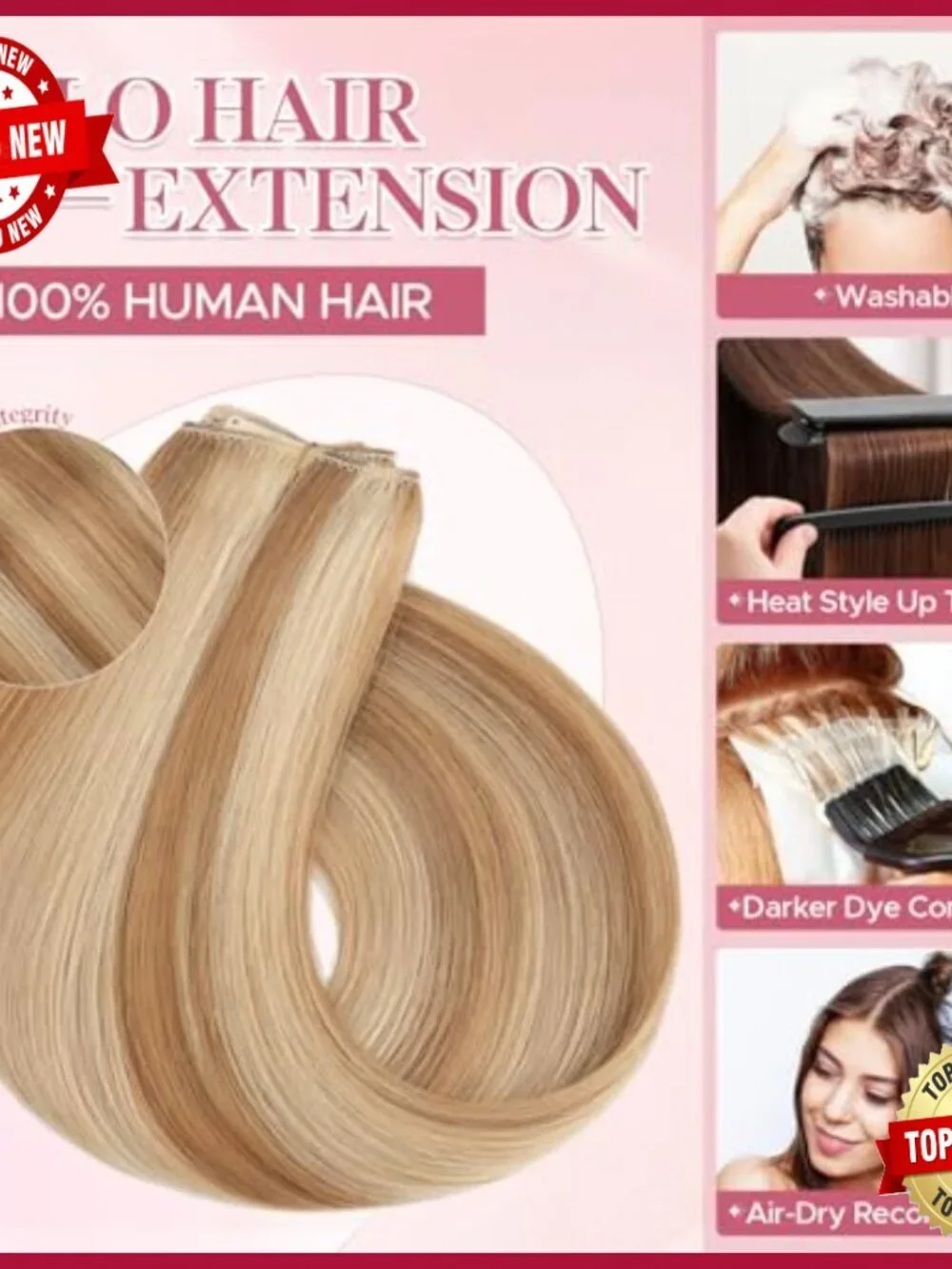 16 Inch Real Human Hair Halo Extensions with Invisible Wire Adjustable Size